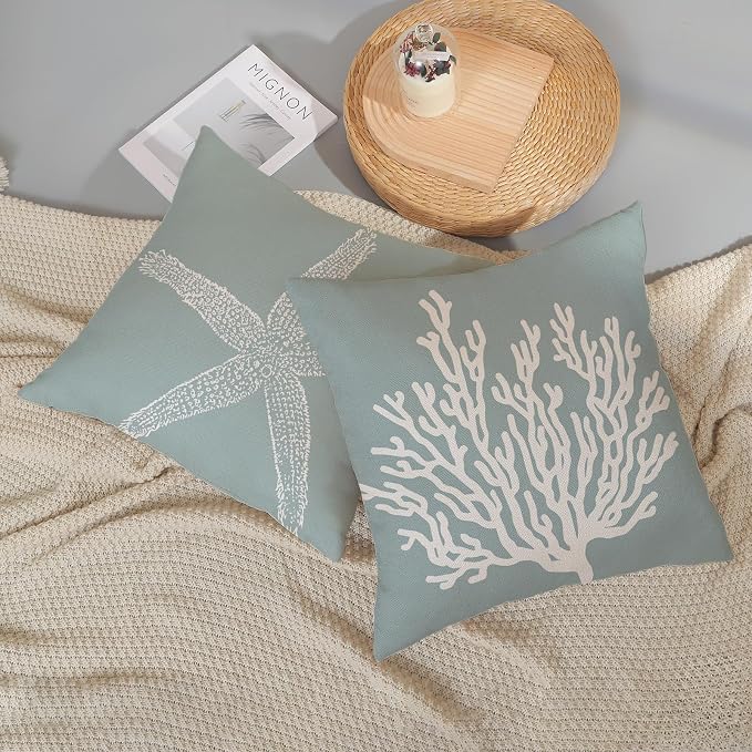 Coastal Pillow Covers 20x20 Inch Set of 2 Blue Coral Starfish Throw Pillows Nautical Ocean Decorations Summer Linen Beach Pillowcase Outdoor Decor Farmhouse Cushion Case for Home Living Room