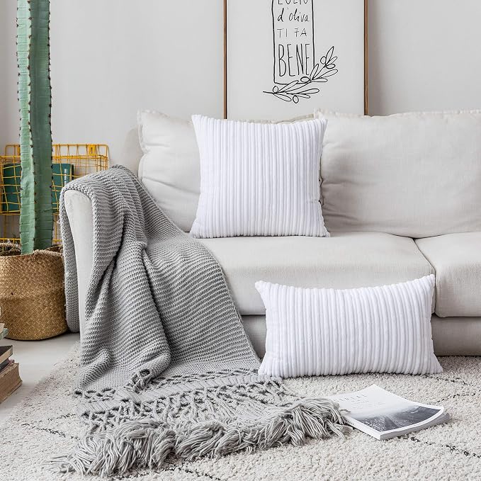 UGASA 14x20 Inch Pillow Cover Pack of 1 Soft Boho Stripe Corduroy Long Rectangular Lumbar Cushion Cover Farmhouse Decorative Throw Pillowcase for Bed, Couch, Sofa, Bedroom, Living Room, Pure White