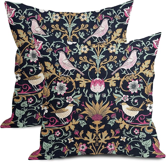 Chinoiserie Floral Bird Colorful Pillow Covers 18X18 in Set of 2 Hot Pink Tan Teal Green Pimpernel Flower Throw Pillow Cases Vintage Art Pillowcases Home Decor for Couch Patio Sofa Porch
