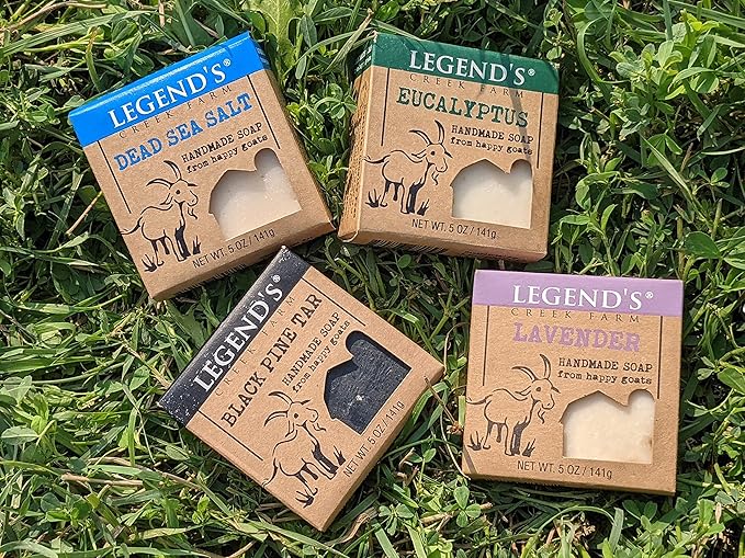 Legend's Creek Farm Goat Milk Soap - Cleansing Moisturizing Bar for Hands and Body - 5 Oz Natural Soap for Sensitive Skin, Handmade in USA (4-Pack: Dead Sea, Eucalyptus, Lavender, Pine Tar)