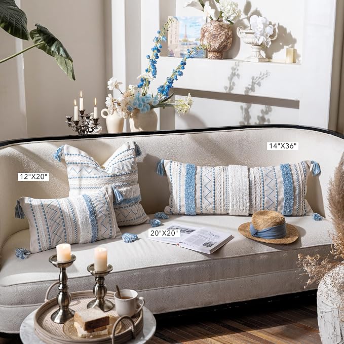 Decorative Lumbar Throw Pillow Covers 12x20 Combo Set of 2 Rectangular Coastal Blue Boho Accent Pillowcase Neutral Farmhouse Cushion for Couch Sofa Bedroom Living Home Décor Cover ONLY