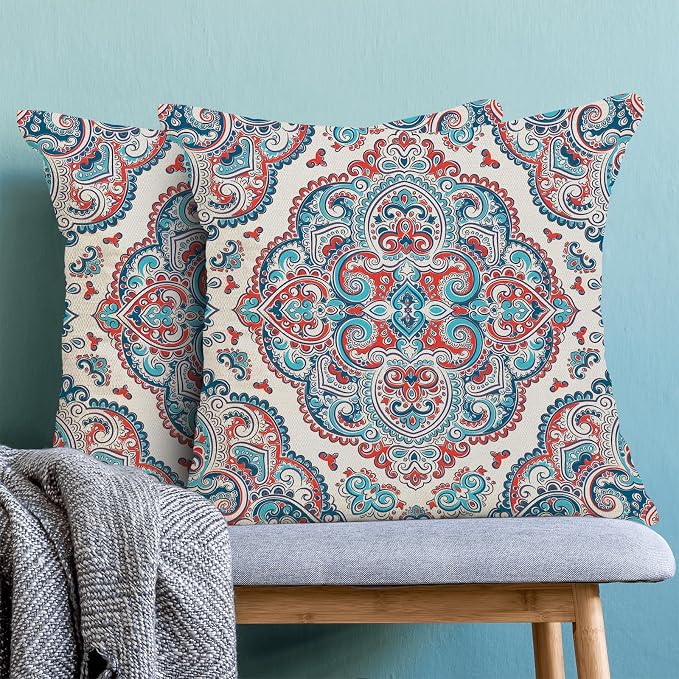 Aqua Teal Boho Pillow Covers 18x18 Inch Set of 2,Burnt Orange Carpet Pattern Throw Pillows Case,Ethnic Design Retro Outdoor Decorative Square Linen Farmhouse Decor Cushion Covers for Sofa Couch