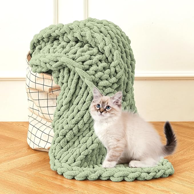 Chunky Knit Blanket Throw for Couch, 51"x63" Chunky Yarn Knitted Blankets | 100% Hand Knit Thick Chenille, Soft Breathable for Bed, Sofa, Home Decor, Cozy Gifts for Women Friends, Sage Green