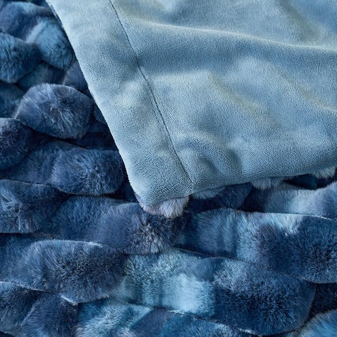 Cozy Bliss Faux Fur Throw Blanket for Couch, Cozy Warm Plush Striped Blanket for Sofa Bedroom Living Room, 50 * 60 Inches Tie-dye Blue