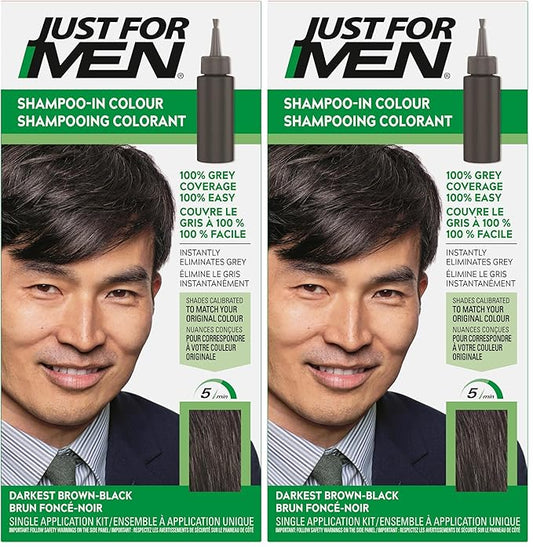 Just For Men Shampoo-In Color (Formerly Original Formula), Mens Hair Color with Keratin and Vitamin E for Stronger Hair - Darkest Brown-Black, H-50A, Pack of 2