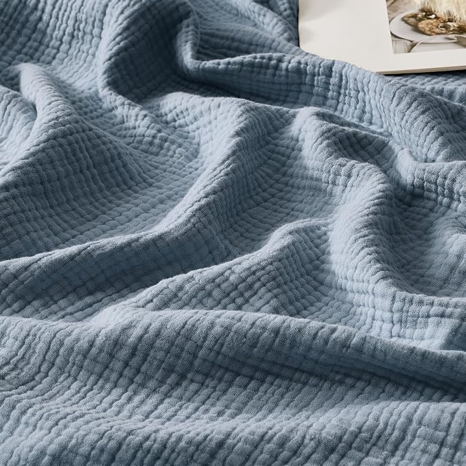 WDCOZY Muslin Throw Blanket 100% Cotton Blankets 4-Layer Breathable Lightweight Soft for Couch Boho Farmhouse Linen Tassels Ruffle Gauze Blankets All Season for Adults 50x60 Inches Dusty Blue