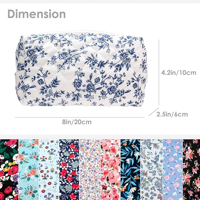 PAZIMIIK Small Quilted Makeup Bag,Zipper Cosmetic Pouch,Jouy Blue | Lightweight Cosmetic Bag Organizer for Women,Purse Storage Holds Makeup,Toiletries,Skincare,Beauty Essentials,Travel Items