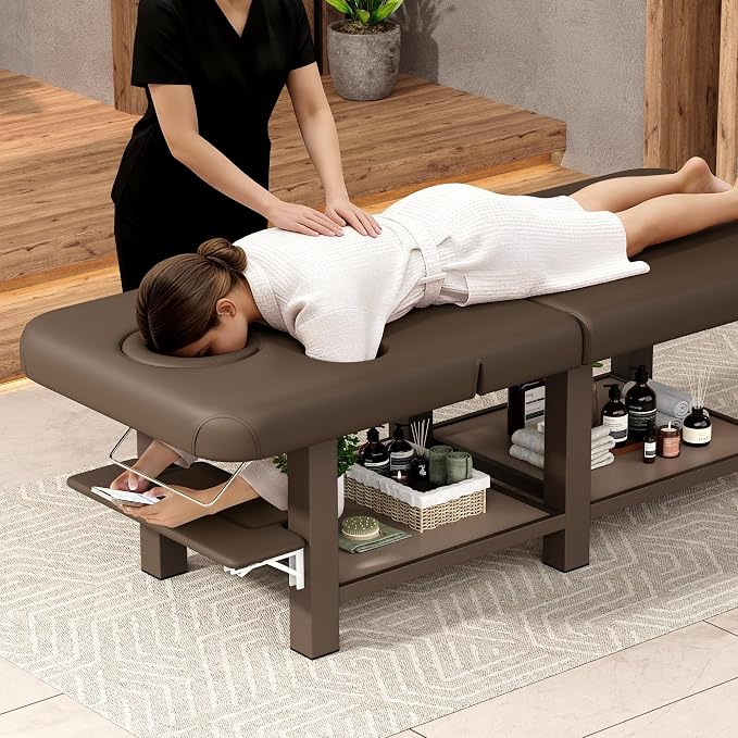 Extra Large 34''×80'' Folding Stationary Massage Table with Adjustable Backrest, Heavy-Duty Metal Frame PU Leather Treatment Bed for Spa, Physical Therapy, Tattoo, Facial & Medical Exam - Brown