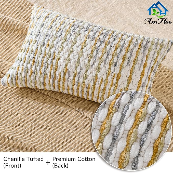 Boho Chenille Pillow Cover Decorative Tufted Pillowcase for Couch Bed Sofa Bedroom Living Room Modern 12 x 20-Inch Grey