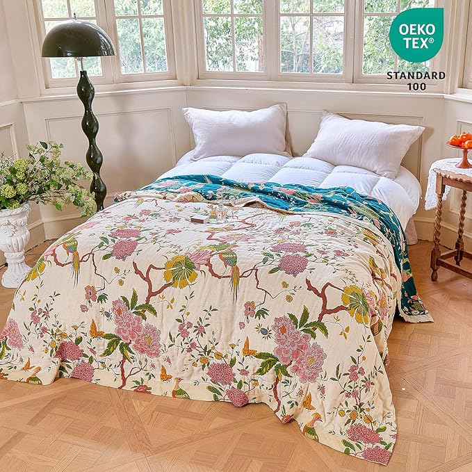 MSGKV Boho Throw Blanket 60"x80" Cotton Chinoiserie Bird Blanket for Couch | 100% Cotton Throw, Chinoiserie Floral Bird, Reversible Woven, Breathable Lightweight, Decorative Accent, Machine Washable