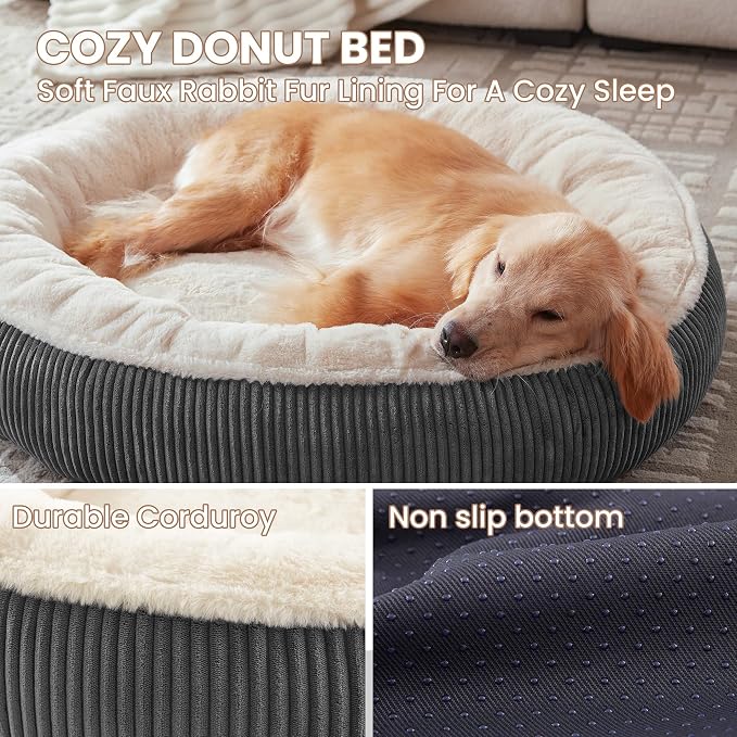 36 inches Calming Donut Dog Bed for Large Dogs,Dark Grey | Round Pet Bed with Removable&Washable Cover,Plush Faux Fur & Corduroy, Fits Pets up to 80 lbs