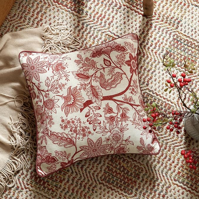 Designer Linen Square Throw Pillow Cover,Set of 2,18"x18"-Ruyi A | Vintage French Elegant Pillow Cover,Concealed Zipper Design,Red Floral Pattern,Sofa,Bedroom,Living Room,Lounge Chairs