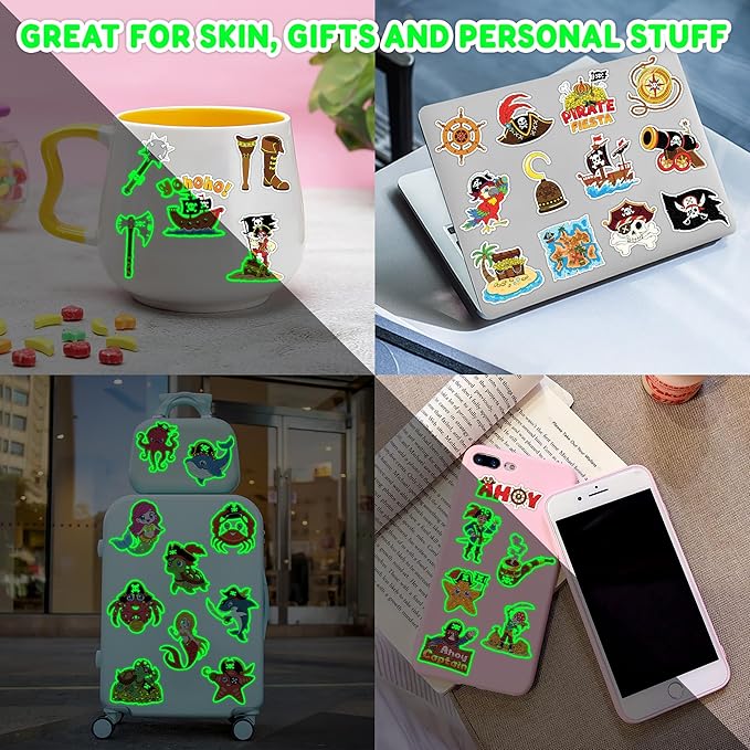96 PCS Pirate Ship Nautical Pre-Cut Luminous Glow in the dark Temporary Tattoos for Kids | Super Cute Theme Birthday Party Favors Supplies Decorations, Treasure Fake Tattoos Gifts for Boys Girls