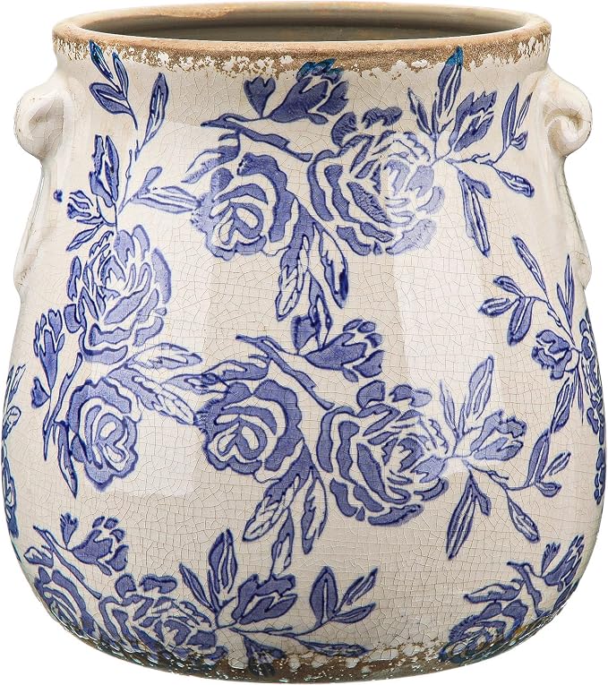 Ceramic Scroll Planter 6.5 Inch Chinoiserie Floral Vase with Drainage Holes Vintage Flower Vase Flower Pot Rustic Ceramic Pots for Indoor Plants Garden Home Bookshelf Decor (Blue)
