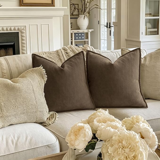 Brown Pillow Covers 20x20 Set of 2 Chenille Throw Pillow Covers with Elegant Design Soft and Luxurious Decorative Throw Pillows for Couch, Bed, and Home Decor