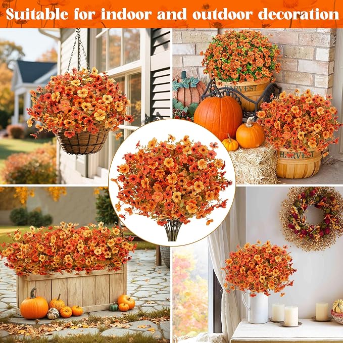 24 Pcs Artificial Fall Flowers, Fake Mums Outdoor, Mixed Orange | Lifelike faux mums, silk flower, UV resistant, no-maintenance, for autumn Thanksgiving garden porch yard indoor outdoor decor