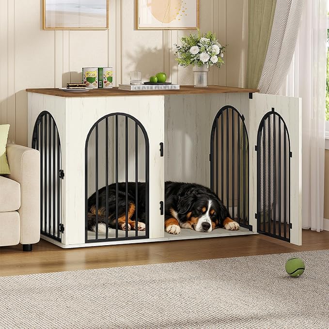 Hzuaneri 46.5'' Dog Crate Furniture,Dog Kennel Indoor for Medium/Large Dogs | Dog Kennel Furniture Wooden Dog Cage Heavy Duty Dog Crate Decorative Pet House End Side Table TV Stand,White Brown DFC93914B