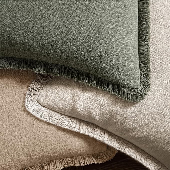 MIULEE Boho Linen Fringe Decorative Euro Throw Pillow Covers Camel 26x26 | Set of 2, Cottagecore Decor, Boho Farmhouse Neutral Pillow Covers, Rustic Couch Cushion Cases for Sofa Bed Living Room