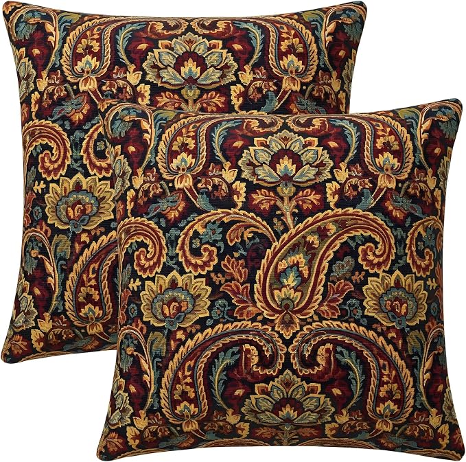 Vintage Paisley Flowers Pillow Covers 24X24 Inch Set of 2 Rustic Burnt Orange Abstract Boho Floral Decorative Square Pillow Cases Bohemian Art Cushion Case Farmhouse Home Decor for Sofa Couch