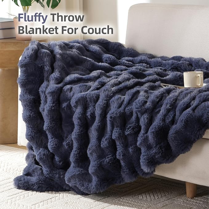 Faux Rabbit Fur Throw for Couch - Navy Blue Bubble Blanket 50"x60" | Fluffy Plush Fuzzy Throw for Sofa & Bed, Super Soft Cozy Comfrt Blanket, Luxury Aesthetic Navy Blue Decor Gift for Women