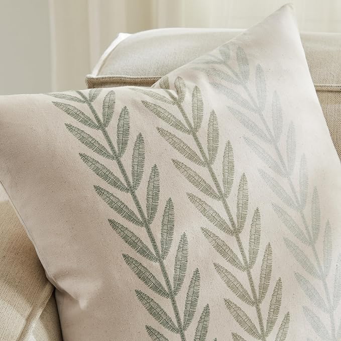 Farmhouse Leaves Throw Pillow Covers Set of 2, 18x18in Mixed Green | 100% Organic Cotton, Rustic Accent Print Pillow Case, Pastoral Decorative Cushion Covers for Sofa Bed Living Room Home Decor