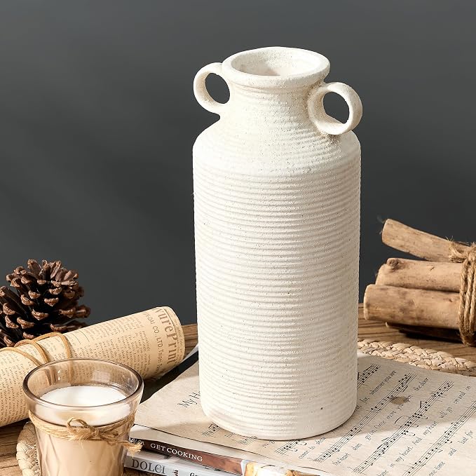 Vaseking Ceramic Rustic Vase with 2 Round Handles, Antique Farmhouse Flower Vase, Vintage Terracotta Vases for Home Decor, Wedding, Living Room, Table, Shelf Decor - 10.2 Inch Tall, Fossil