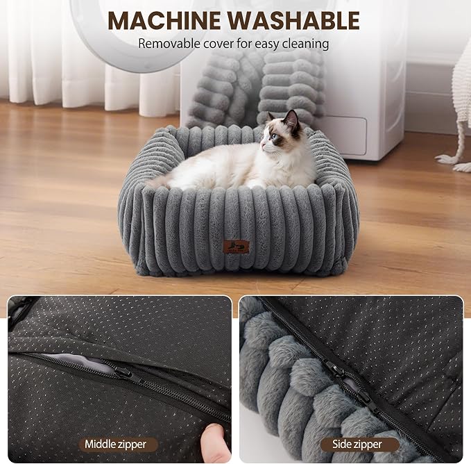 Cute Dog Bed for Small Dogs & Cats,Washable Fluffy Cat Beds for Indoor Cats, Rectangle Orthopedic Memory Foam Puppy Beds with Anti-Slip Bottom, 20 x19 x 7 Inches, Grey (20x19x6 inches)