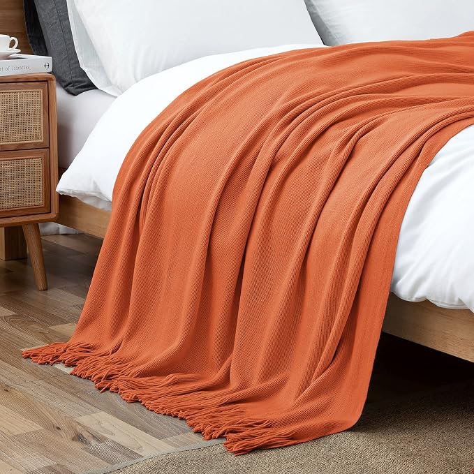 Vonty Rust Orange Knitted Throw Blanket with Tassels Fringe, 60x80 Acrylic | Super Soft And Lightweight, Year-Round Cozy Warmth, Farmhouse Decorative Style, Machine Washable, for Couch, Sofa or Bed