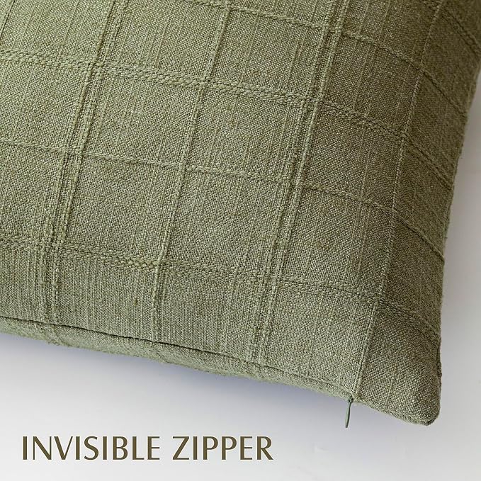 Foindtower Set of 2 Decorative Linen Check Throw Pillow Covers Neutral Farmhouse Vintage Cushion Covers Modern Boho Home Decor for Sofa Chair Couch Bedroom Living Room,22×22 Inch,Sage Green