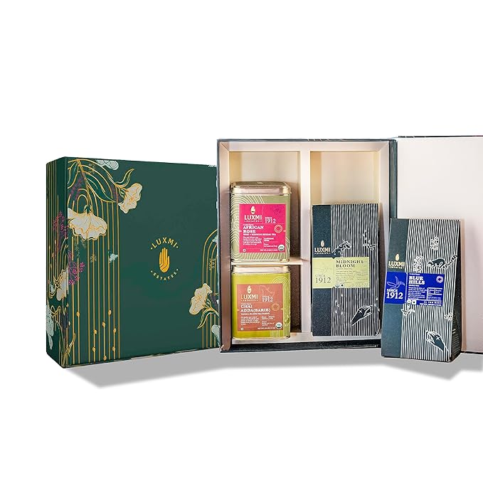 Luxmi Estates - Tea Set - Classic Collection - 4 Packs With Organic Assam, Masala Chai, Jasmine and Hibiscus Rose Tea - Great Gift Set for Adults