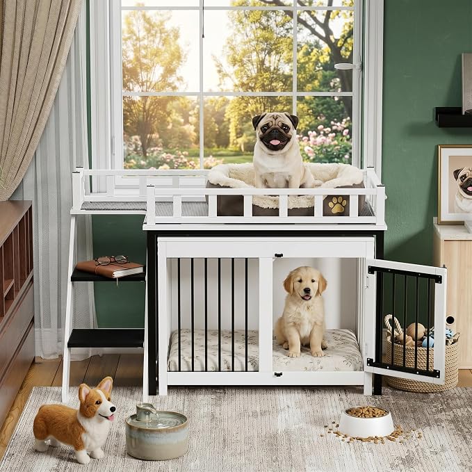 PAKASEPT Pet Bunk Bed,Dog Window Perch with Stairs and Storage, Dogs/Cats Crate Furniture, with Multi-Purpose Blanket and Indoor Dog Bed for Small Medium Size