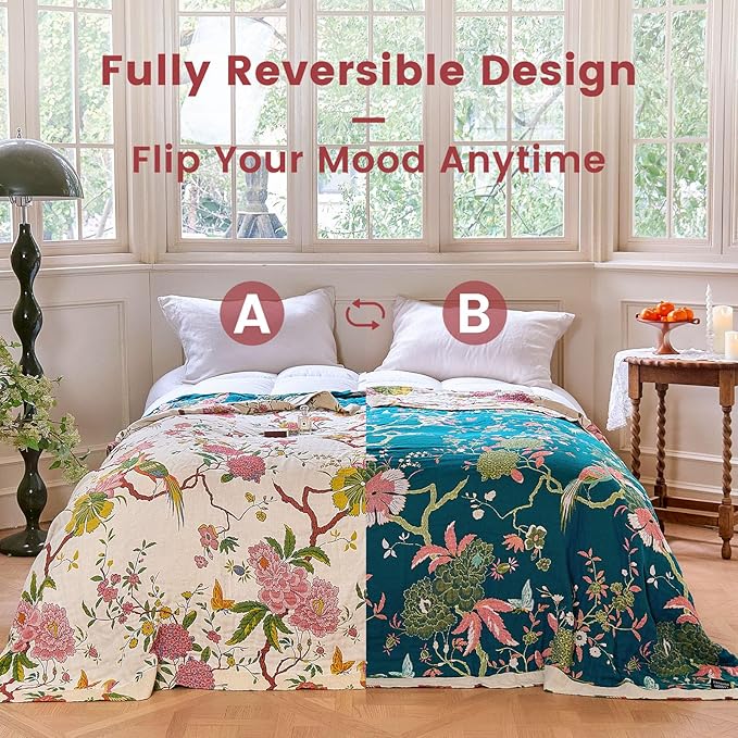 MSGKV Boho Throw Blanket 50"x60" Cotton Bird Blanket for Couch Bed Decor | 100% Cotton Throw, Chinoiserie Floral Bird, Reversible Blanket, Summer Decor, Road Trip Blanket, Machine Washable