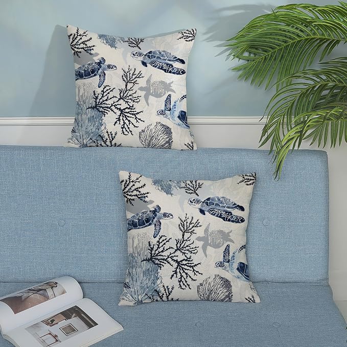 Nautical Coastal Pillow Covers 18x18 Set of 2 Beach Themed Ocean Coral Sea Turtle Decorative Throw Pillows Blue Outdoor Decor Pillow Cases Linen Farmhouse Cushion Case for Sofa Home Holiday