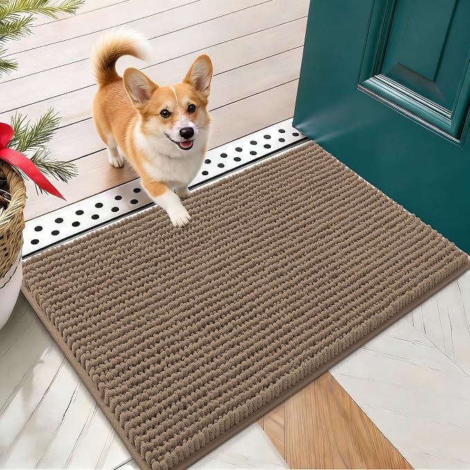 OLANLY Dog Door Mat for Muddy Paws 24x16, Extra Absorbent Chenille Mud Mat | Tan, Absorbs Moisture and Dirt, Non-Slip Machine Washable Doormat, Quick-Drying Indoor Entryway Floor Mat for Dogs