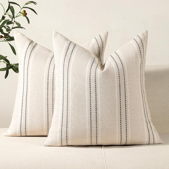 Hckot Throw Pillow Covers 24x24 Set of 2 Striped Pillow Covers Textured Linen Decorative Pillows Square Cushion Covers for Sofa Couch Bed Living Room Farmhouse Decor, Grey