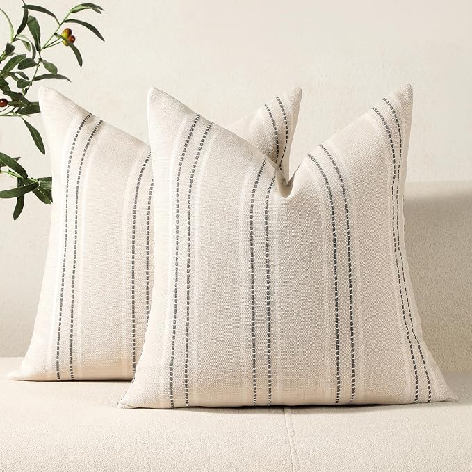 Hckot Throw Pillow Covers 22x22 Set of 2 Striped Pillow Covers Textured Linen Decorative Pillows Square Cushion Covers for Sofa Couch Bed Living Room Farmhouse Decor, Grey