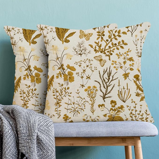 AEIOAE Summer Pillow Covers 22x22 Inch Set of 2,Mustard Yellow Wild Flower Plant Throw Pillows Case,Seasonal Floral Outdoor Decorative Square Linen Farmhouse Decor Cushion Covers for Home Couch