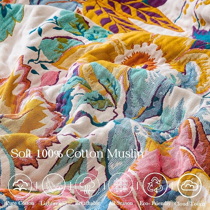 XIBLC Boho Throw Blanket 100% Cotton Vintage Blanket Muslin Woven Flower Decorative Throw Blankets All Season Bohemian Rustic Farmhouse Decor Quilt for Bed (Yellow 50"x60")