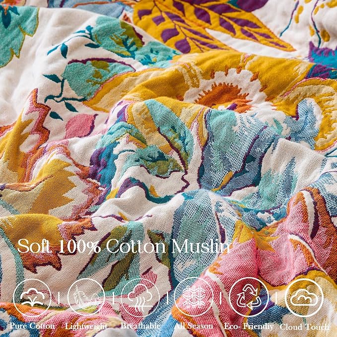 XIBLC Boho Throw Blanket 100% Cotton Vintage Blanket Muslin Woven Flower Decorative Throw Blankets All Season Bohemian Rustic Farmhouse Decor Quilt for Bed (Yellow 80"x90")