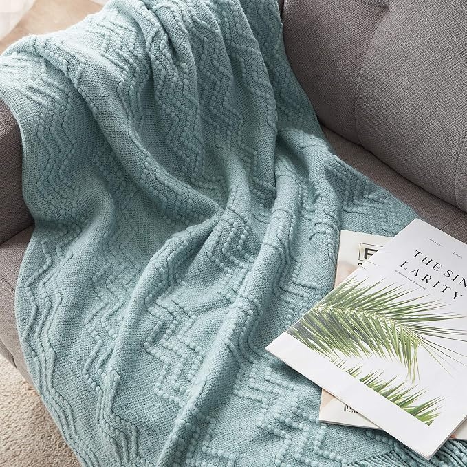 BOURINA Aqua Throw Blanket 50x60 Inch Boho Knitted Soft Throw Sofa Blanket | Knitted Throw Blanket 50x60 Inches, Soft Lightweight Boho Weave Throw Decorative Couch Blanket for Living Room Bedroom Chair