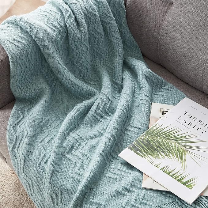 BOURINA Aqua Throw Blanket 50x90 Inch Boho Knitted Soft Throw Sofa Blanket | Knitted Throw Blanket 50x90 Inches, Soft Lightweight Boho Weave Throw Decorative Couch Blanket for Living Room Bed Runner