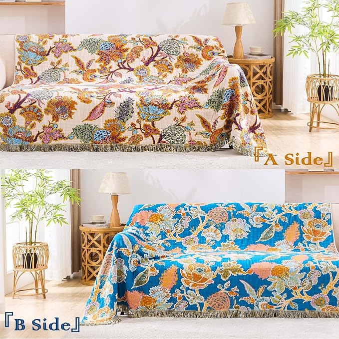 XIBLC Boho Throw Blanket for Bed, 100% Cotton Soft Rustic Quilt Fall Blanket, 50"x60" Floral Printed Farmhouse Decor Bed Blankets, All Season Rustic Reversible Bohemian Throw Quilt