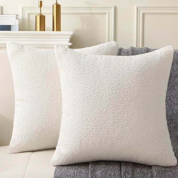 Complete Throw Pillows with Inserts, Set of 2 Decorative Throw Pillow-Boucle-18 x 18"-Square Boho Pillows for Couch, Patio, Bed, Sofa Decor (White, 18" x 18"(Pack of 2))