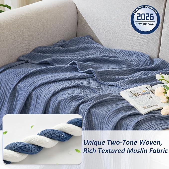 EMME Cotton Muslin Twin XL Blanket Breathable Gauze Soft Lightweight Adults Gifts for Women (Heather Navy, 66"x90")