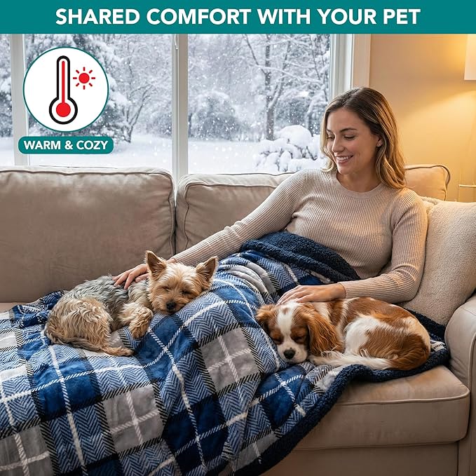PetAmi Waterproof Dog Blanket for Small Puppy Cat, 29x40, Plaid Light Grey | 460 GSM Sherpa Fleece Reversible, Pee Proof Pet Blanket, Furniture Protector Cover for Couch Sofa Kennel Crate, Washable