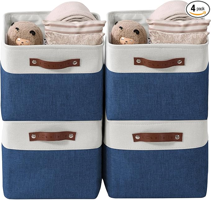 DECOMOMO Storage Bins, Large Fabric Storage Baskets for Shelves 4 Pack | 15 x 11 x 9.5 inches Decorative Linen Closet Organizers (Navy Blue & White)