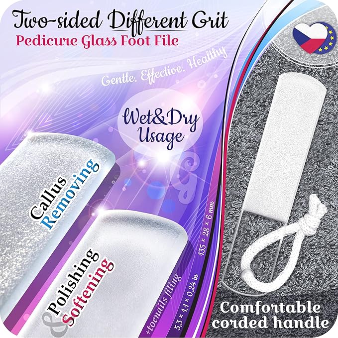 GLADZY Genuine Czech Glass Nail File Set - Callus Remover Foot Rasp, Double Sided Different Grit Surface, Professional Manicure and Pedicure Tools for Natural Nails, Nail Shaper, Ethically Made in EU