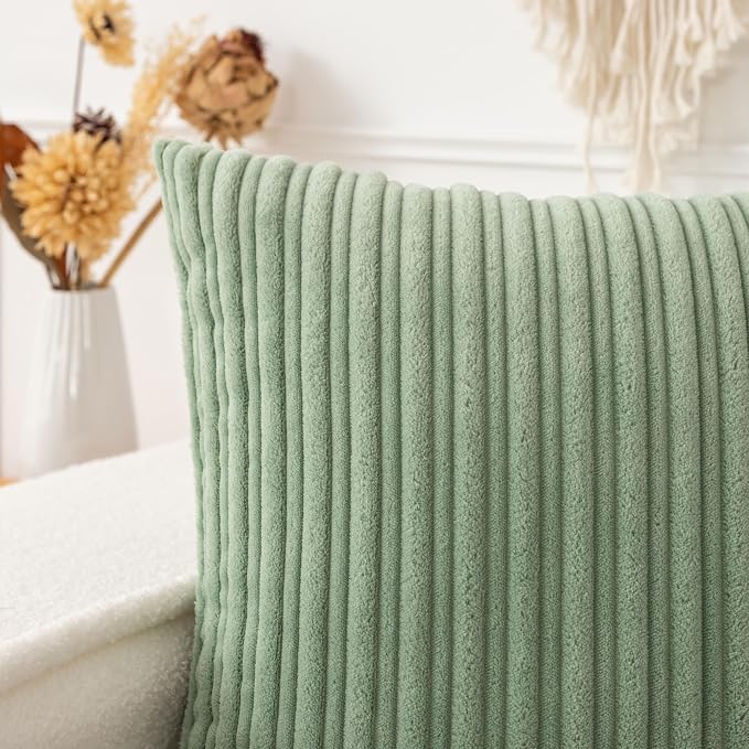 UGASA 14x24 Inch Pillow Cover Pack of 1 Soft Boho Stripe Corduroy Long Rectangular Lumbar Cushion Cover Farmhouse Decorative Throw Pillowcase for Bed, Couch, Sofa, Bedroom, Living Room, Sage Green