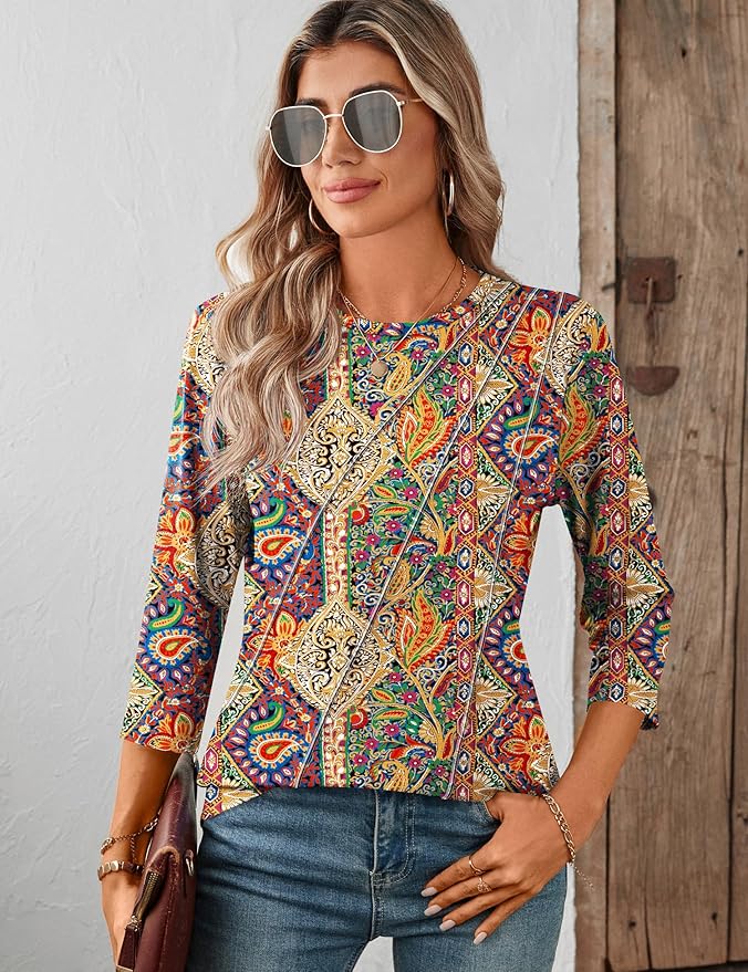 LOMON 3/4 Length Sleeve Womens Tops Spring Summer Fashion 2026 Tops Crew Neck Pleated Shirts Tunic Top Loose Fit
