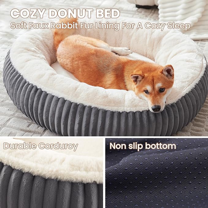 33 inches Calming Donut Dog Bed for Medium Plus Dogs,Dark Grey | Round Pet Bed with Removable&Washable Cover,Milk Plush Faux Fur, Fits Pets up to 50 lbs